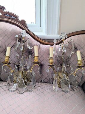 Pair Large French Louis XV Style Gilt Brass and Crystal Two-Light Wall Sconces